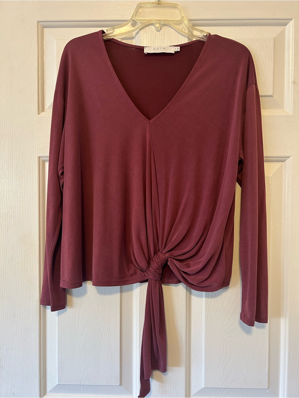 Astr Mauve-Burgundy Long Sleeve V-Neck Knot Front Top
